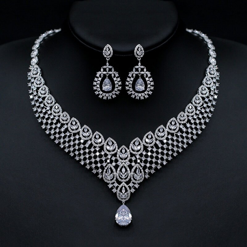 Wholesale platinum plated brass jewelry set with cubic zirconia teardrops – necklace & earrings for boutique resale at JuneJewelry.com.