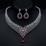 Wholesale platinum plated brass jewelry set with cubic zirconia teardrops – necklace & earrings for boutique resale at JuneJewelry.com.