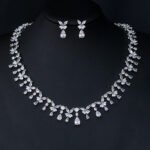 Wholesale teardrop CZ necklace and earring set with sparkling cubic zirconia stones, perfect for bridal and formal events, from JuneJewelry.com.