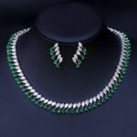 Wholesale emerald CZ necklace and earring set with platinum plated copper, featuring green and clear cubic zirconia stones, from JuneJewelry.com