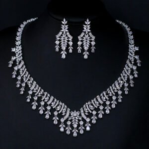 Wholesale pear CZ drop jewelry set with necklace and matching earrings from JuneJewelry.com – elegant and high-quality fashion jewelry for bulk orders.