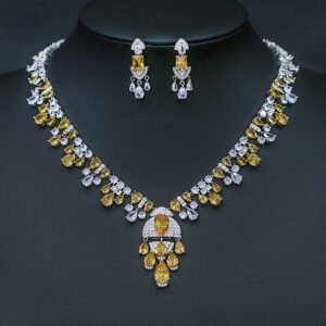 Wholesale platinum-plated jade jewelry set – necklace & earrings with cubic zirconia for boutique resale at JuneJewelry.com.