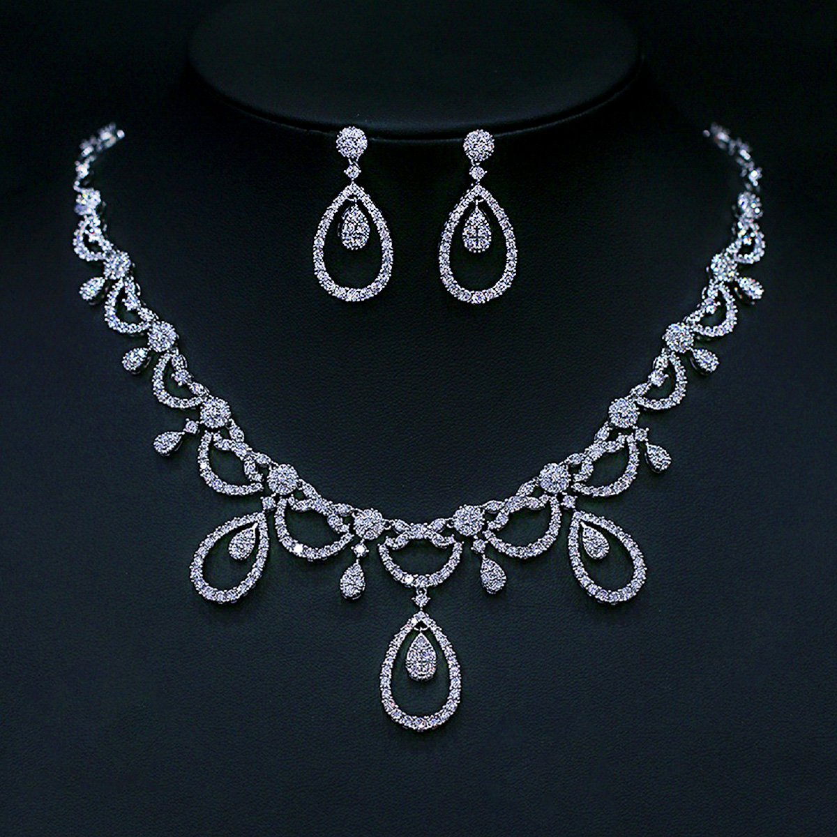 CN10992.556.A Wholesale teardrop bridal necklace and earring set with platinum plating from JuneJewelry.com – elegant copper wedding jewelry for bulk orders.