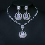 Wholesale platinum plated necklace and earring set with unique cubic zirconia design from JuneJewelry.com – high-quality, factory-price fashion jewelry.