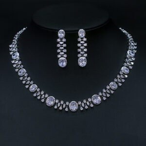 Wholesale oval cubic zirconia necklace and earring set with platinum plated brass from JuneJewelry.com – elegant formal fashion jewelry for bulk orders.