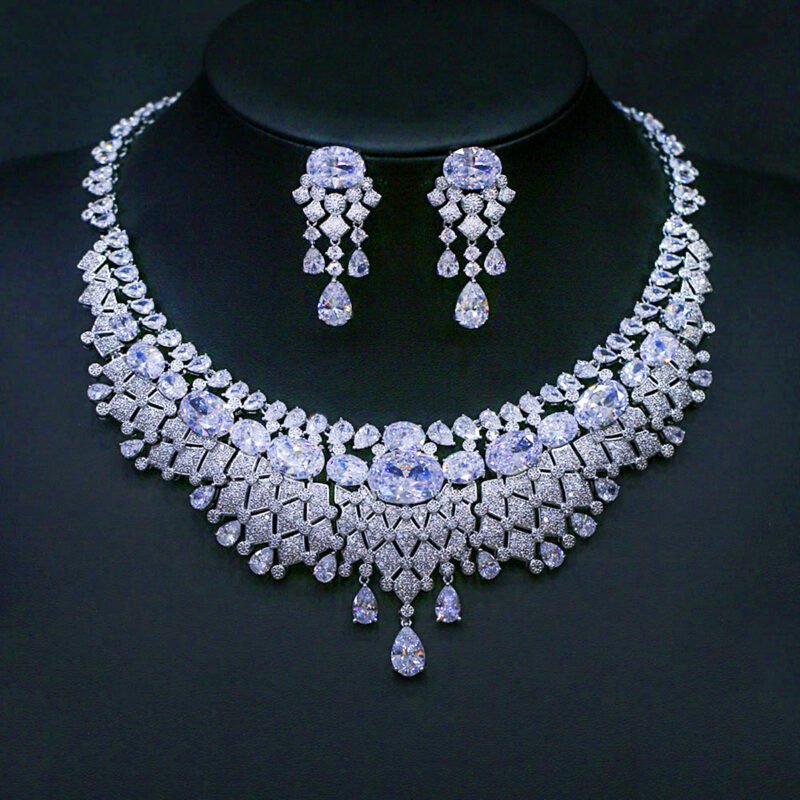 Wholesale luxury cubic zirconia jewelry set with platinum plated brass necklace and earrings from JuneJewelry.com – grand fashion jewelry for bulk orders.