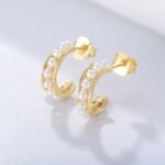 Sterling silver geometric C-shape pearl earrings with vintage hollow design – 18K gold or platinum plated from JuneJewelry.com
