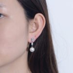 Sterling silver long pearl drop earrings with geometric zircon – 18K gold or platinum plated from JuneJewelry.com