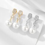Sterling silver long pearl drop earrings with geometric zircon – 18K gold or platinum plated from JuneJewelry.com