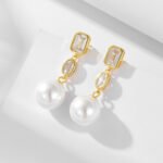 Sterling silver long pearl drop earrings with geometric zircon – 18K gold or platinum plated from JuneJewelry.com
