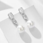 Sterling silver long pearl drop earrings with geometric zircon – 18K gold or platinum plated from JuneJewelry.com