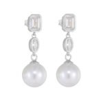Sterling silver long pearl drop earrings with geometric zircon – 18K gold or platinum plated from JuneJewelry.com
