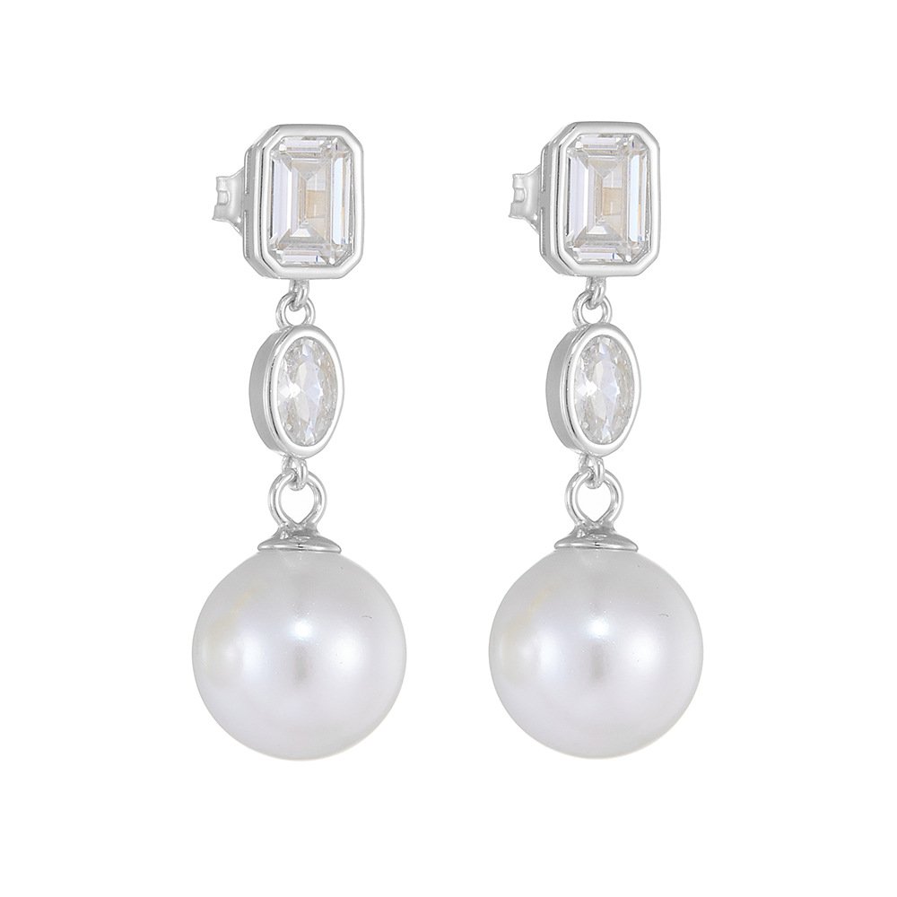 KE5380 (8) Sterling silver long pearl drop earrings with geometric zircon – 18K gold or platinum plated from JuneJewelry.com