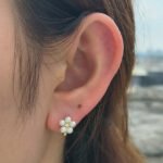 Sterling silver pearl huggie earrings with 2025 floral design – high-end minimalist jewelry, 18K gold or platinum plated from JuneJewelry.com