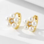 Sterling silver pearl huggie earrings with 2025 floral design – high-end minimalist jewelry, 18K gold or platinum plated from JuneJewelry.com