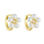 Sterling silver pearl huggie earrings with 2025 floral design – high-end minimalist jewelry, 18K gold or platinum plated from JuneJewelry.com