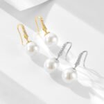 Sterling silver pearl drop earrings with zircon accents – 18K gold or platinum plated ins-style minimalist jewelry from JuneJewelry.com