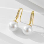 Sterling silver pearl drop earrings with zircon accents – 18K gold or platinum plated ins-style minimalist jewelry from JuneJewelry.com