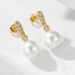 Sterling silver geometric pearl drop earrings with zircon – 18K gold or platinum plated OL-style jewelry from JuneJewelry.com