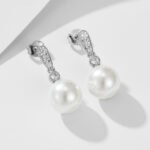 Sterling silver geometric pearl drop earrings with zircon – 18K gold or platinum plated OL-style jewelry from JuneJewelry.com