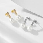 Sterling silver geometric pearl drop earrings with zircon – 18K gold or platinum plated OL-style jewelry from JuneJewelry.com