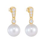 Sterling silver geometric pearl drop earrings with zircon – 18K gold or platinum plated OL-style jewelry from JuneJewelry.com