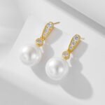 Sterling silver geometric pearl drop earrings with zircon – 18K gold or platinum plated OL-style jewelry from JuneJewelry.com