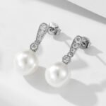 Sterling silver geometric pearl drop earrings with zircon – 18K gold or platinum plated OL-style jewelry from JuneJewelry.com