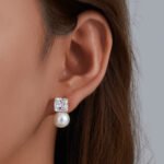 Wholesale Zircon Pearl Earrings, S925 sterling silver, with pearls and square zircons, available in 18K gold or platinum plating, ideal for fashion jewelry wholesale from junejewelry.com.