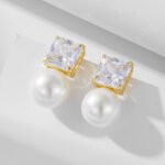 Wholesale Zircon Pearl Earrings, S925 sterling silver, with pearls and square zircons, available in 18K gold or platinum plating, ideal for fashion jewelry wholesale from junejewelry.com.