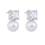 Wholesale Zircon Pearl Earrings, S925 sterling silver, with pearls and square zircons, available in 18K gold or platinum plating, ideal for fashion jewelry wholesale from junejewelry.com.