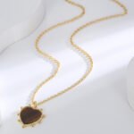 Tiger eye heart pendant necklace in vintage brown tones, 18K gold plated, wholesale fashion jewelry from JuneJewelry.com