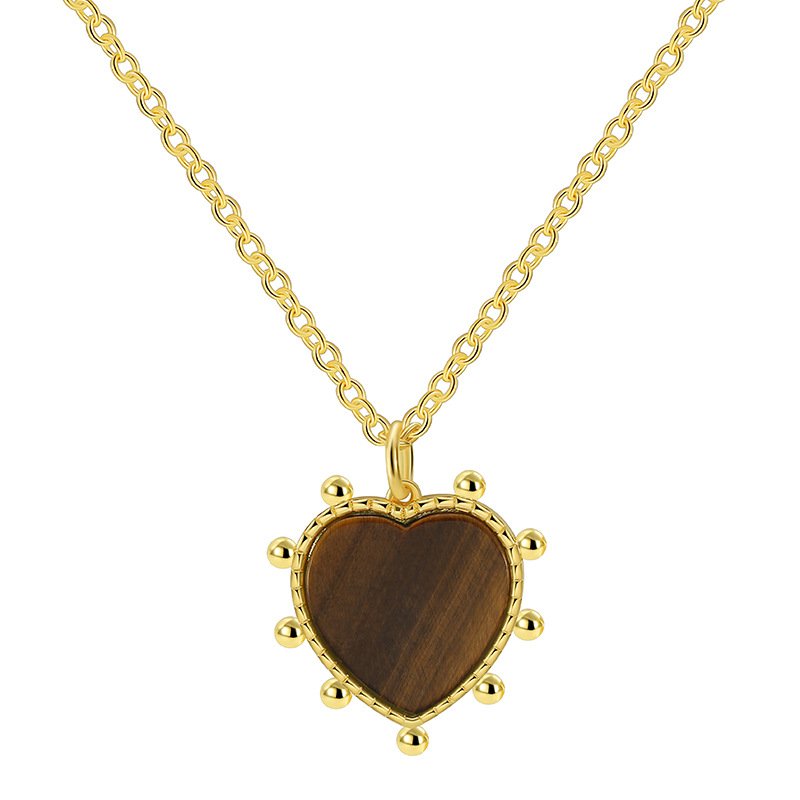 N0240 (6) Tiger eye heart pendant necklace in vintage brown tones, 18K gold plated, wholesale fashion jewelry from JuneJewelry.com