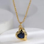 Deep blue zircon heart pendant necklace for women, vintage-style irregular shape charm, 18K gold plated, wholesale fashion jewelry accessory