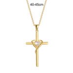 Wholesale cross heart pendant necklace with cubic zirconia in 18K gold plated brass – street style jewelry from JuneJewelry.com.