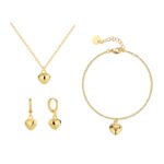 Wholesale heart-shaped jewelry set with necklace, bracelet, and earrings in 18K gold plated brass – romantic trio from JuneJewelry.com.