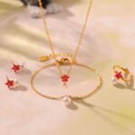 Wholesale Children Pearl Star Jewelry Set, titanium steel with 18K gold plating, featuring pearl and star designs on a necklace, bracelet, ring, and earrings, ideal for children's fashion jewelry wholesale from junejewelry.com.