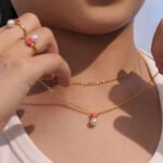 Wholesale Children Pearl Star Jewelry Set, titanium steel with 18K gold plating, featuring pearl and star designs on a necklace, bracelet, ring, and earrings, ideal for children's fashion jewelry wholesale from junejewelry.com.