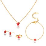 Wholesale Children Pearl Star Jewelry Set, titanium steel with 18K gold plating, featuring pearl and star designs on a necklace, bracelet, ring, and earrings, ideal for children's fashion jewelry wholesale from junejewelry.com.