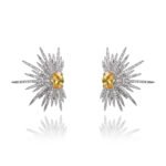 Wholesale starburst stud earrings with a central oval cubic zirconia and micro-pavé stones, platinum-plated brass and 925 silver needle from JuneJewelry.com.