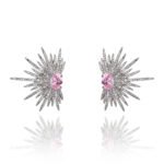 Wholesale starburst stud earrings with a central oval cubic zirconia and micro-pavé stones, platinum-plated brass and 925 silver needle from JuneJewelry.com.