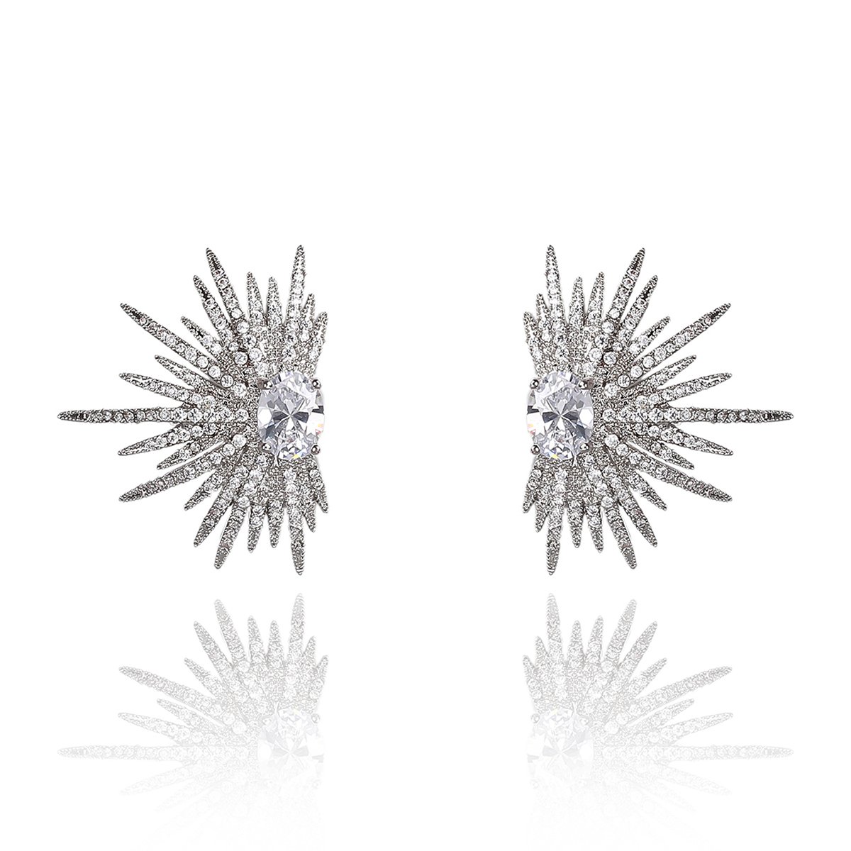 CE10057.121.A Wholesale starburst stud earrings with a central oval cubic zirconia and micro-pavé stones, platinum-plated brass and 925 silver needle from JuneJewelry.com.