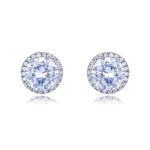 Wholesale round halo earrings featuring a brilliant CZ center and micro-pavé halo, with a 925 silver needle, from junejewelry.com – classic wholesale jewelry for bulk orders.