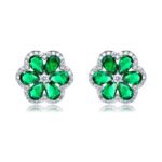 Wholesale Colorful Flower Stud Earrings with a gold plated finish and emerald-colored and clear cubic zirconia stones from JuneJewelry.com – unique fashion jewelry for bulk orders.