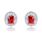 Wholesale emerald cut stud earrings with a starburst halo of CZ stones, a platinum-plated brass base, and 925 silver needle from junejewelry.com.