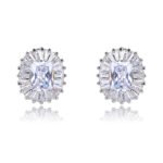 Wholesale emerald cut stud earrings with a starburst halo of CZ stones, a platinum-plated brass base, and 925 silver needle from junejewelry.com.