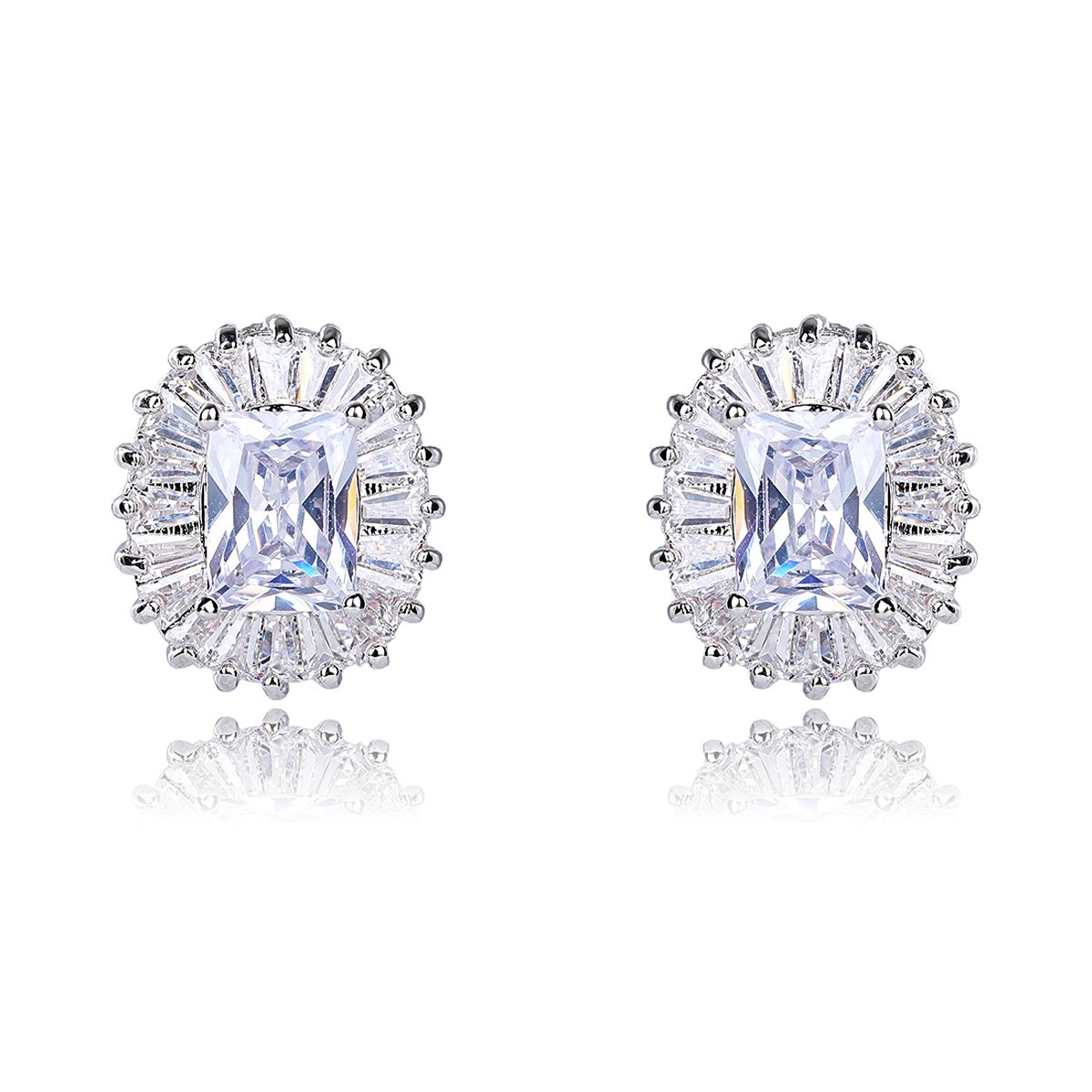 CE10707-004.61.A Wholesale emerald cut stud earrings with a starburst halo of CZ stones, a platinum-plated brass base, and 925 silver needle from junejewelry.com.
