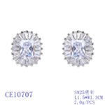 Wholesale emerald cut stud earrings with a starburst halo of CZ stones, a platinum-plated brass base, and 925 silver needle from junejewelry.com.