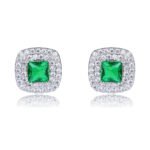 Wholesale square halo stud earrings with a double halo of CZ stones, a platinum-plated brass base, and 925 silver needle from junejewelry.com.