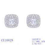 Wholesale square halo stud earrings with a double halo of CZ stones, a platinum-plated brass base, and 925 silver needle from junejewelry.com.